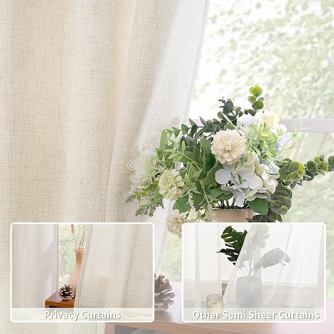 BGment 40 Inch Short Curtains for Small Window, Light Filtering Linen Burlap Textured Window Treatments Grommet Sheer Drapes for Kitchen Cafe, 2 Panels, Natural, 42 X 40 Inch