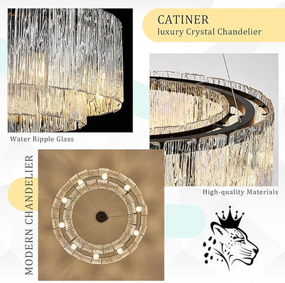 CATINER Modern Crystal Glass Round Chandelier 24”Black Chandeliers 10-Light Drum Pendant Ceiling Light Fixtures Luxury 2 Tiers Hanging Lighting for Dining Room Foyer Living Room Bedroom