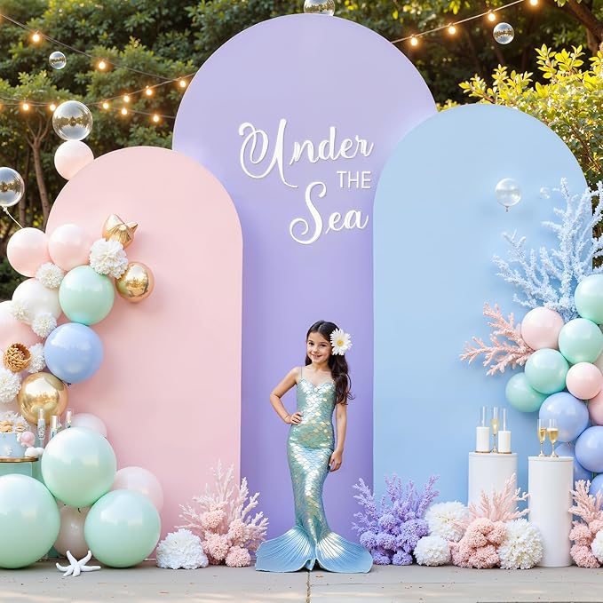 Set of 3 Arch Backdrop Covers(7.2ft, 6.6ft, 6ft) - Premium Stretchy Spandex Backdrop Arch Stand Cover for Baby Shower,Wedding,Party Decor Chiara Cover with Double-Sided Design(Pink Blue Lavender)