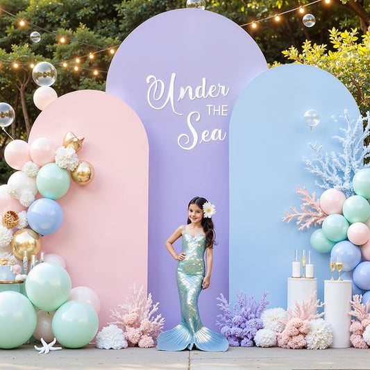 Set of 3 Arch Backdrop Covers(7.2ft, 6.6ft, 6ft) - Premium Stretchy Spandex Backdrop Arch Stand Cover for Baby Shower,Wedding,Party Decor Chiara Cover with Double-Sided Design(Pink Blue Lavender)
