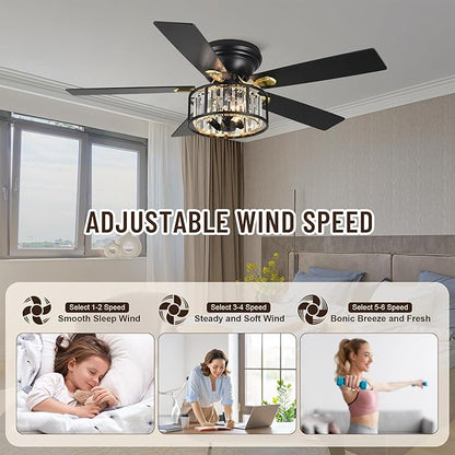 52" Crystal Farmhouse Ceiling Fan with Lights and Remote,Flush Mount Ceiling Fan,Chandelier with 5 Reversible Blades,3 E12 Base Lights,Quiet Motor for Living Room,Dining Room,Bedroom