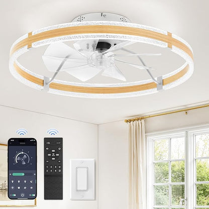 LEDIARY Ceiling Fans with Lights and Remote, 24'' Low Profile Ceiling Fan with Light, 3000-6000K Dimmable Fandelier Ceiling Fans, Modern Flush Mount Fan for Bedroom with 6 Wind Speeds- Wood Grain