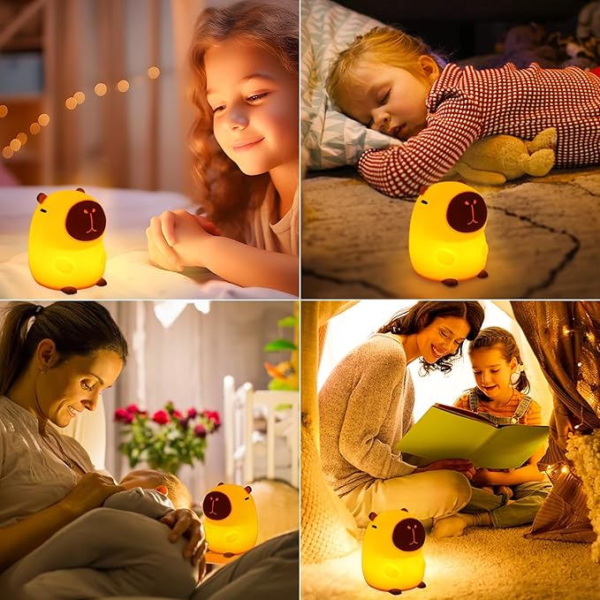Capybara Night Light Cute Squishy Silicone Nursery Nightlight Dimmable Rechargeable Animal Bedside Lamp with Timer & Tap Control, Christmas Gift