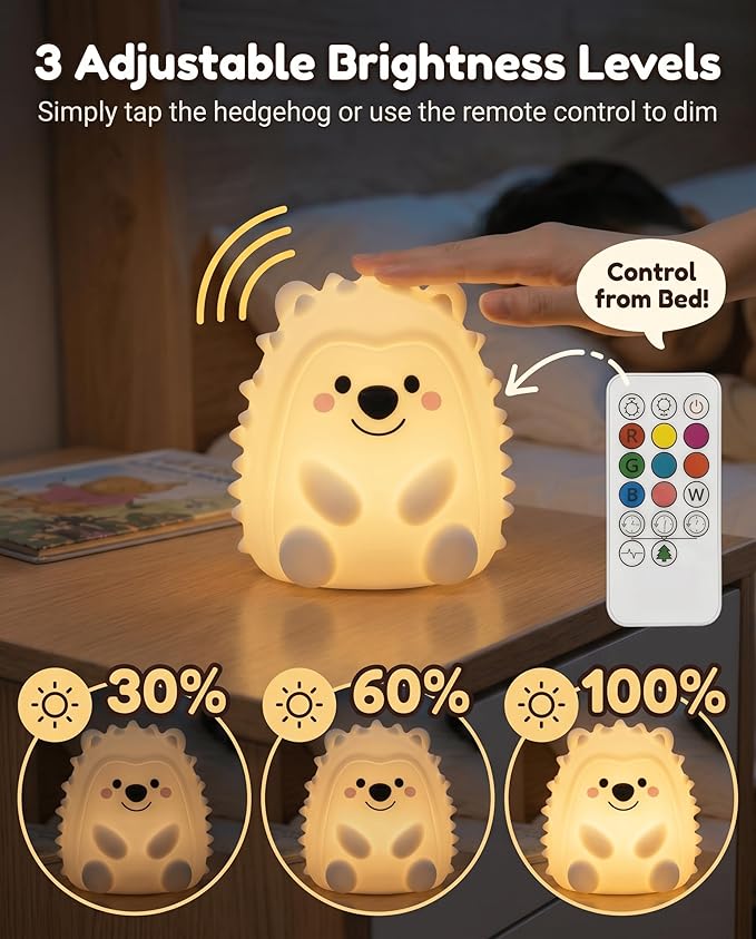 Hedgehog Night Light for Kids, 15/30/60m Timer Squishy Silicone Baby Lamp, Remote & Touch 8-Color BPA-Free Rechargeable Nursery Light for Breastfeeding Bedside Sleep Buddy Decor Gift
