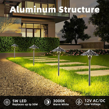 12 Pack 3000K Low Voltage Landscape Lights, 5W 500LM Outdoor Pathway Lighting, 12V IP65 Waterproof Landscape Path Lights for Walkway Yard Garden, CRI 90+, Aluminum, ETL Listed Cord