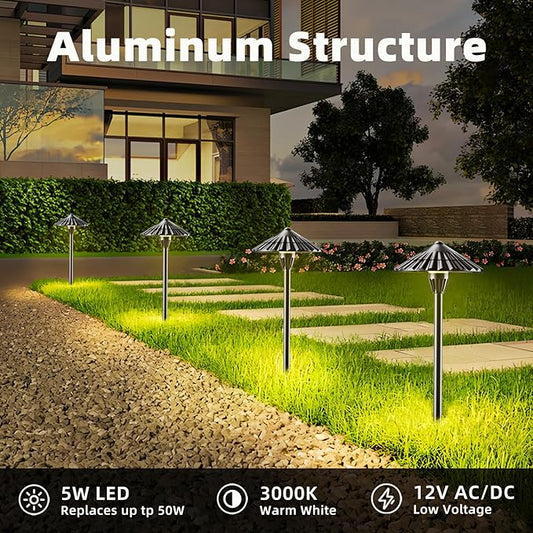 12 Pack 3000K Low Voltage Landscape Lights, 5W 500LM Outdoor Pathway Lighting, 12V IP65 Waterproof Landscape Path Lights for Walkway Yard Garden, CRI 90+, Aluminum, ETL Listed Cord