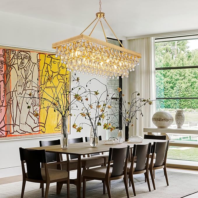 TOCHIC Crystal Dining Room Chandelier Over Table, Gold Linear Rectangle Chandelier 7 Lights Modern Farmhouse High Ceiling Light Fixture for Kitchen Island, Living Room, Entryway, 38" L