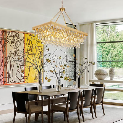 TOCHIC Crystal Dining Room Chandelier Over Table, Gold Linear Rectangle Chandelier 7 Lights Modern Farmhouse High Ceiling Light Fixture for Kitchen Island, Living Room, Entryway, 38" L