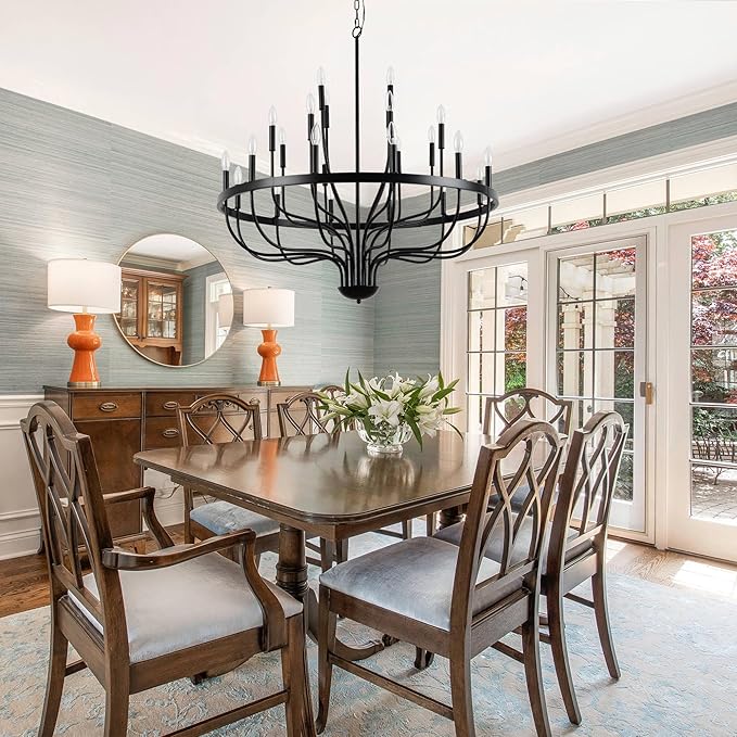 Modern Farmhouse Chandelier for Dining Room 24 Lights, Black Chandelier Light Fixture,Adjustable Height Hanging Candle Pendant Lighting for Kitchen Island (Black 24-Lights)