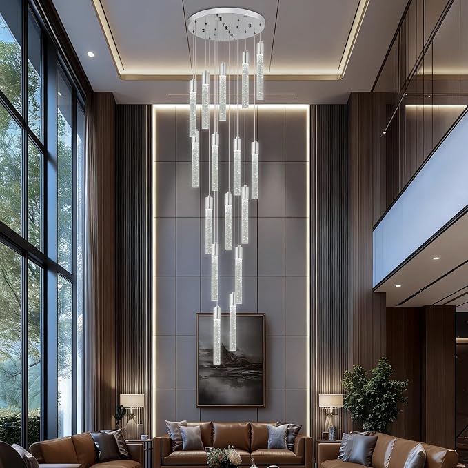 16-Light Chrome Bubble Crystal Chandelier Cool White Spiral Staircase Pendant for High Ceilings Sloped Ceiling Compatible Canopy Adjustable Hanging Height Grand Foyer Entryway