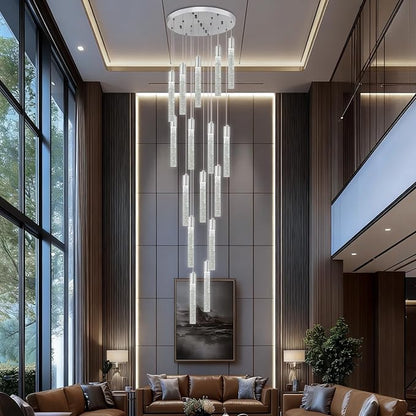 16-Light Chrome Bubble Crystal Chandelier Cool White Spiral Staircase Pendant for High Ceilings Sloped Ceiling Compatible Canopy Adjustable Hanging Height Grand Foyer Entryway