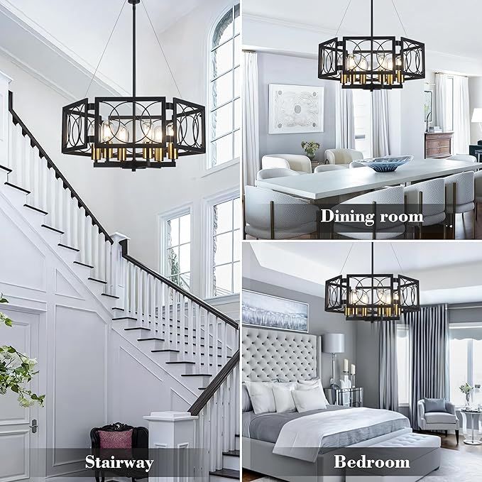 Modern Farmhouse Chandelier- 22.8" Large Pendant Light Fixture Vintage Industrial Metal Light for Dining Room Living Room Kitchen Island Foyer (Black Gold, 6 Lights)