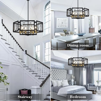 Modern Farmhouse Chandelier- 22.8" Large Pendant Light Fixture Vintage Industrial Metal Light for Dining Room Living Room Kitchen Island Foyer (Black Gold, 6 Lights)