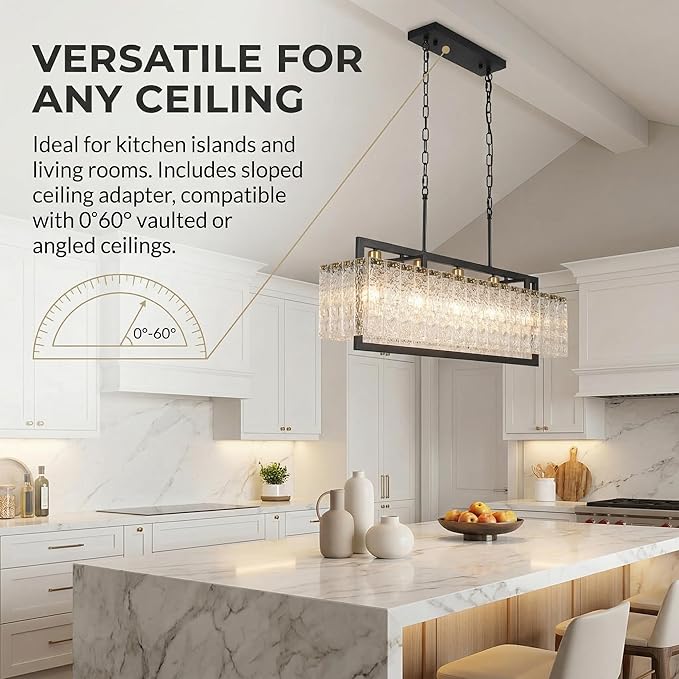 Black Crystal Chandeliers for Dining Room, 35.4" Modern Chandelier for Living Room,Water Ripple Glass Design, Adjustable Height, Rectangle Hanging Light Fixture for Living Room Kitchen Island