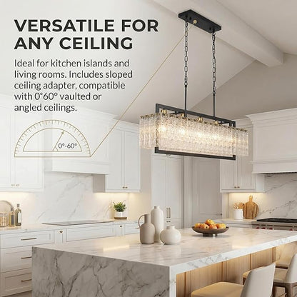 Black Crystal Chandeliers for Dining Room, 35.4" Modern Chandelier for Living Room,Water Ripple Glass Design, Adjustable Height, Rectangle Hanging Light Fixture for Living Room Kitchen Island