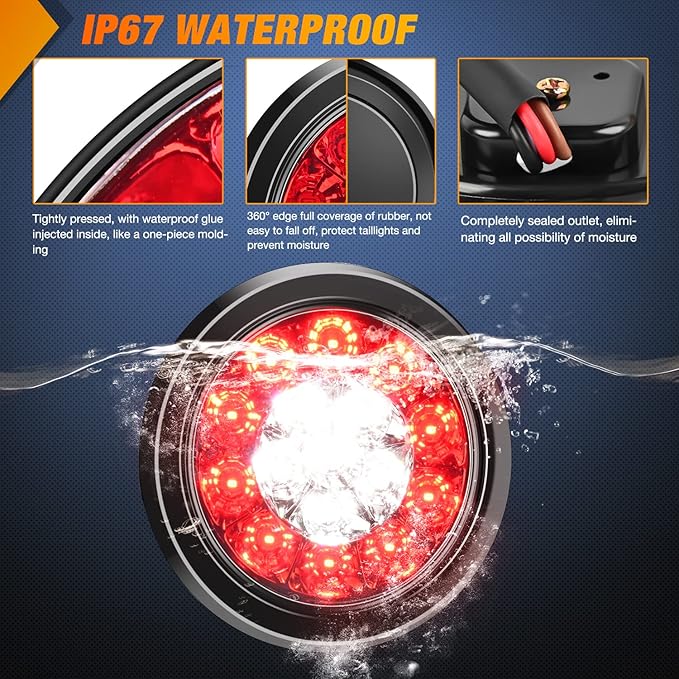 Nilight 2PCS 4 Inch Round Red White LED Trailer Tail Lights 16LEDs Flush Mount Grommets IP67 Waterproof Stop Brake Running Reverse Light for Trucks Trailers RV