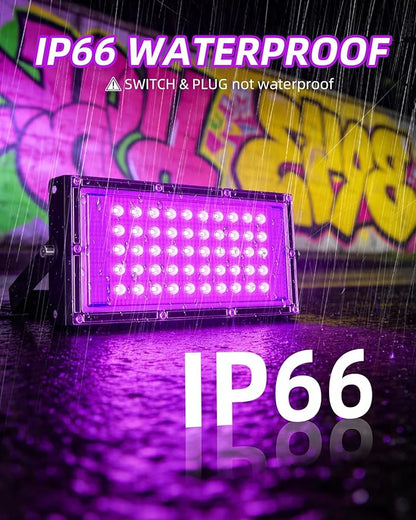 THECHAM 50W LED Black Lights IP66 Waterproof Black Light Outdoor with 5.9ft Plug+Switch, Flood Blacklight for Halloween Glow in The Dark Party Stage Light Neon Glow Birthday 4 Pack