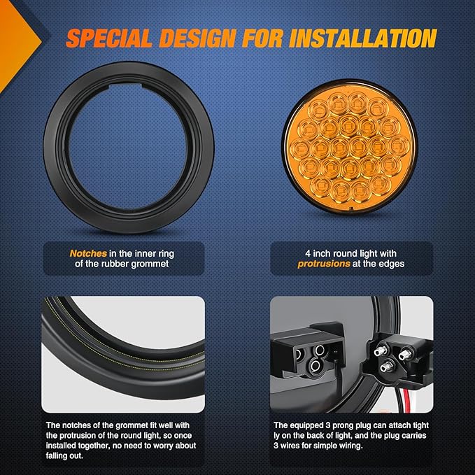 Nilight 4Inch Round Trailer Tail Light 2PCS 24LED Amber Turn Signals Lights w/Flush Mount Grommets Plugs IP67 Waterproof for 12V Truck Bus RV Camper ATV UTV