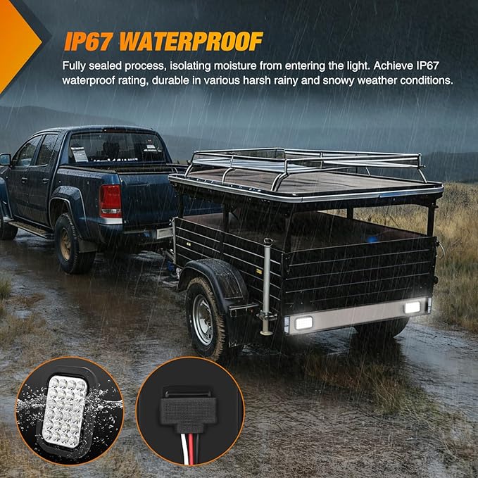 Nilight 5” X 3” Inch Rectangular Trailer Tail Light 2 PCS White 24 LED Back Up Reverse Lights w/Flush Mount Grommets Plugs IP67 Waterproof for 12V Truck ATV UTV Bus RV Camper