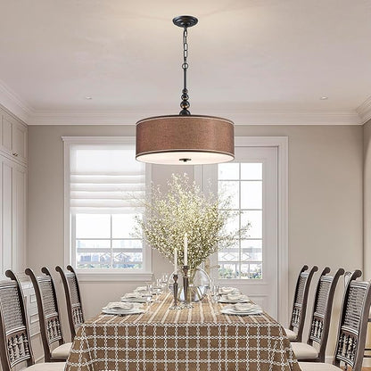 Shrine Lighting Drum Chandeliers, Farmhouse Style, Perfect Drum Pendant Light for Dining Room, D21'' x H8'', Adjustable Chains 59'', E26*3 Sockets, Brown Linen Fabric Lampshade & Black Rod
