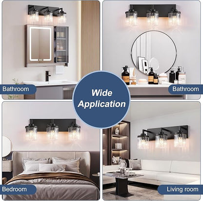 Modern Crystal Bathroom Light Fixtures, 3 Light Black Farmhouse Vanity Lights, with Crystal Glass Shade, Industrial Bathroom Lighting Fixtures Over Mirror Wall Light for Bedroom Living Room