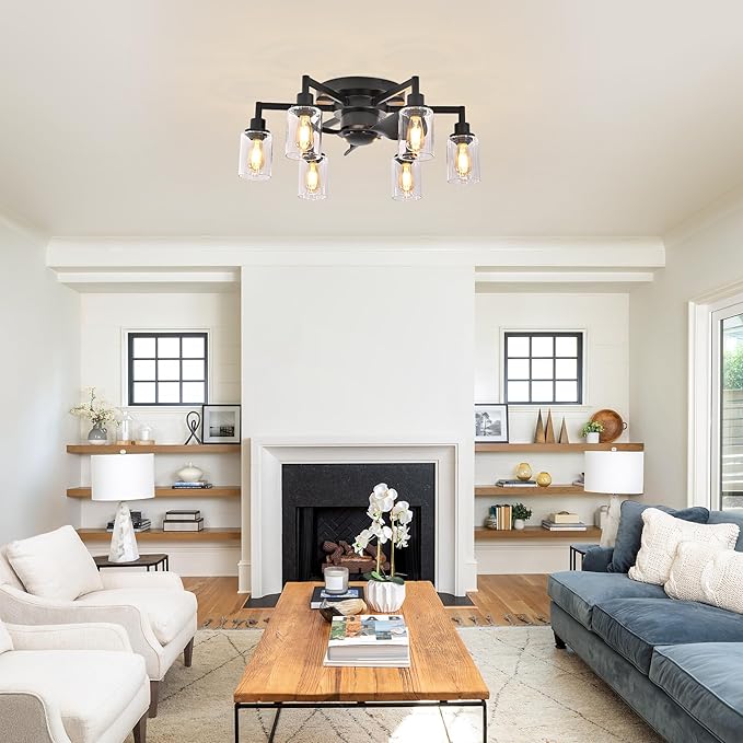 Garwarm 26.4" Ceiling Fans with Lights, Black Flush Mount Ceiling Fan with Lights Remote Control,Low Profile Bladeless Ceiling Fan Light Fixture for Bedroom, Kitchen, Dining Room