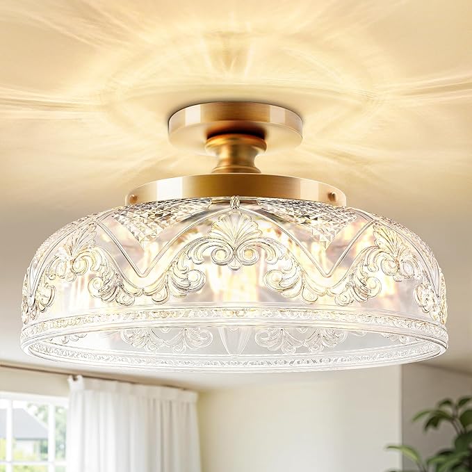 Semi Flush Mount Ceiling Light, 12 Inch Large Gold Ceiling Light Fixture, 3-Light Globe Glass Farmhouse Kitchen Lighting Fixtures for Bathroom, Hallway, Dining Room (Bulb Not Included)