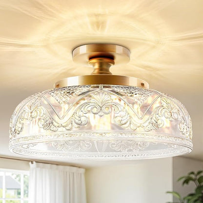 Semi Flush Mount Ceiling Light, 12 Inch Large Gold Ceiling Light Fixture, 3-Light Globe Glass Farmhouse Kitchen Lighting Fixtures for Bathroom, Hallway, Dining Room (Bulb Not Included)