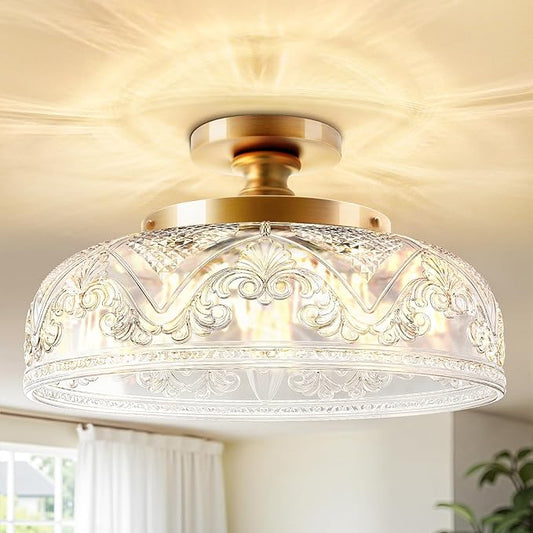 Semi Flush Mount Ceiling Light, 12 Inch Large Gold Ceiling Light Fixture, 3-Light Globe Glass Farmhouse Kitchen Lighting Fixtures for Bathroom, Hallway, Dining Room (Bulb Not Included)