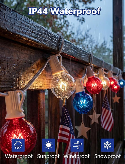 25Ft G40 Red White and Blue String Lights, 4th of July Decorations Lights Plug in with 27 5W Globe Light Bulbs, Waterproof Outdoor Patriotic Lights for Memorial Day Independence Day Home Patio Decor
