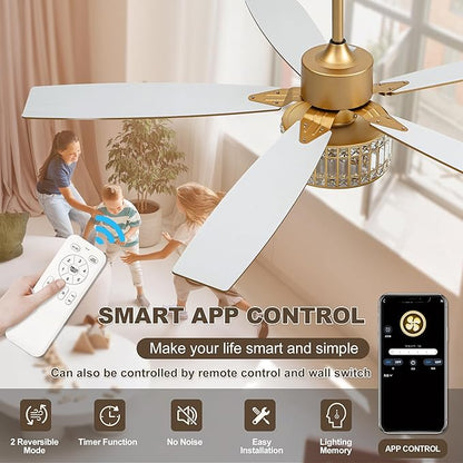 Chandelier Ceiling Fans with Lights and Remote,Caged Ceiling Fan with Light,App 5 Blades E26 Fandelier Ceiling Fans with Lights,Crystal Ceiling Fan for Bedroom,Living Room. (Gold, 60 Inch)