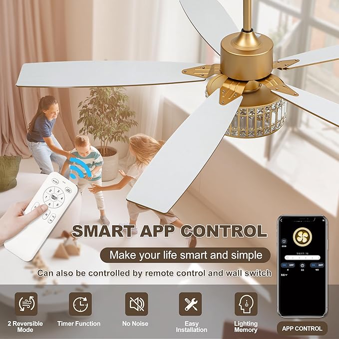 Chandelier Ceiling Fans with Lights and Remote,Caged Ceiling Fan with Light,App 5 Blades E26 Fandelier Ceiling Fans with Lights,Crystal Ceiling Fan for Bedroom,Living Room. (Gold, 42 Inch)