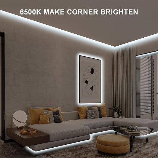 16.4ft COB Led Strip Light with Remote, 6500K Ra93+ Dimmable Bright Daylight White Led COB Strip Light, White Continuous Led Strip Light for Mirror, Stair, Cabinet, Room