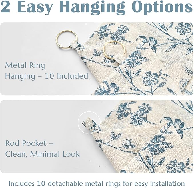 jinchan Floral Linen Kitchen Curtains with Attached Valance 36 Inch Length Farmhouse Cafe Tier Curtains for Living Room Bathroom Rustic Half Window Light Filtering Small Drapes 2 Panels Blue