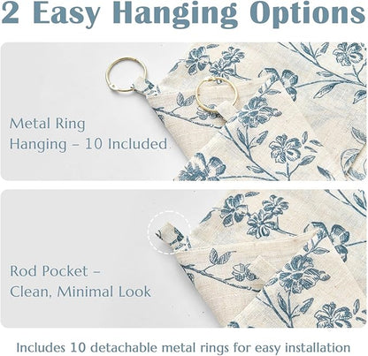 jinchan Floral Linen Kitchen Curtains with Attached Valance 36 Inch Length Farmhouse Cafe Tier Curtains for Living Room Bathroom Rustic Half Window Light Filtering Small Drapes 2 Panels Blue