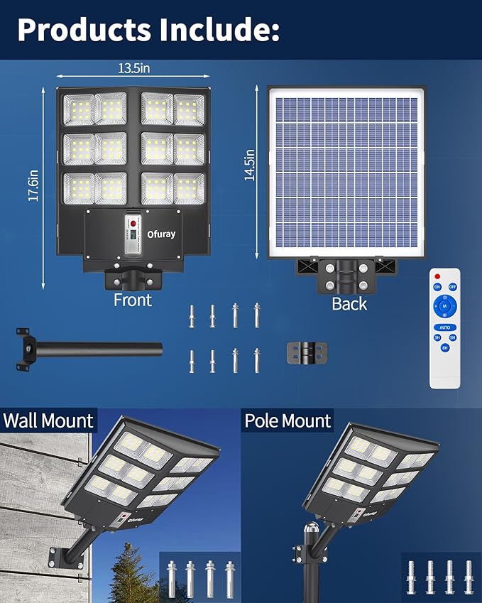 Ofuray Solar Street Lights Outdoor,Solar Security Flood Lights Parking Lot Lights Commercial Dusk to Dawn, 6500k Waterproof Led with Remote Control Motion for Street,Court,Barn (Of-800W 80000Lm)