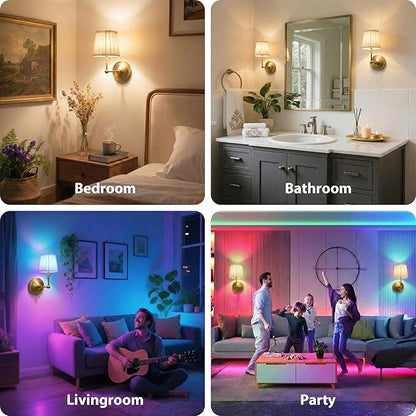 Battery Operated Wall Sconces Set of 2, Gold Rechargeable Wall Lights with 10000mAh RGB Dimmable Magnetic Bulbs and Remote,16 Colors Cordless Wall Lamps for Bedroom Living Room Hallway Decor