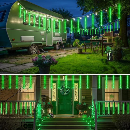 JMEXSUSS Green Solar Lights Outdoor for St. Patrick's Day Decorations, 8 Tube 144 LEDs Solar Meteor Shower Rain Lights, Green Christmas Light for Tree Eaves Yard Fence Porch Decor