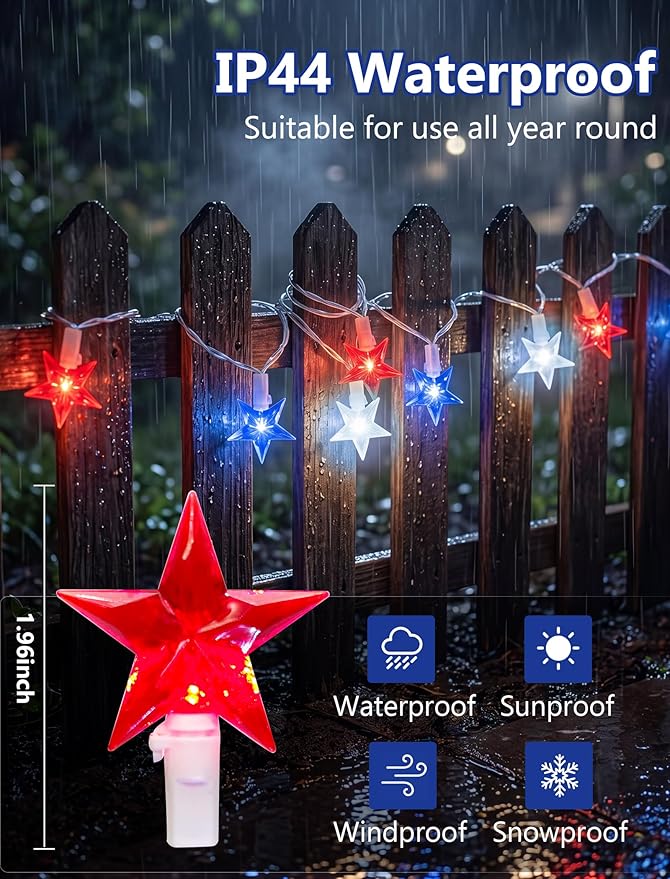 GOOTHY 13.6Ft LED Red White and Blue Star String Lights Plug in, Outdoor 4th of July Decorations Lights with 35 LED Star Light, Hanging Fairy Light for Independence Day Party Garden Patio Birthday