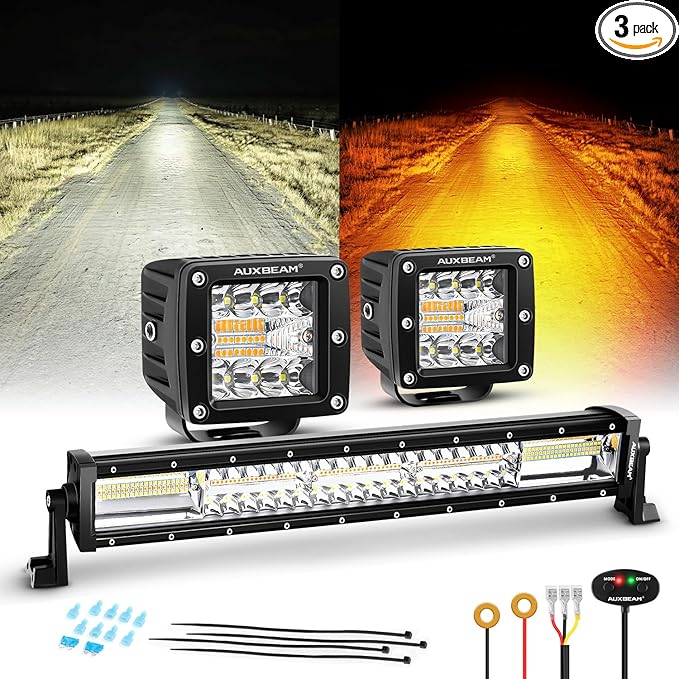 Auxbeam 6 Modes Amber White Series, 22" LED Light Bar with 3" LED Pods Combo Set, Dual Color Flashing Strobe Offroad Lights, Spot Flood Combo Cube Off Road Fog Lights, 3 Packs