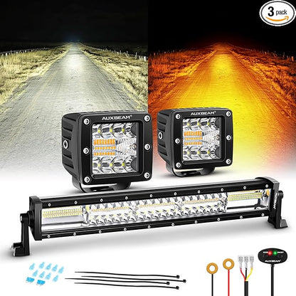 Auxbeam 6 Modes Amber White Series, 22" LED Light Bar with 3" LED Pods Combo Set, Dual Color Flashing Strobe Offroad Lights, Spot Flood Combo Cube Off Road Fog Lights, 3 Packs