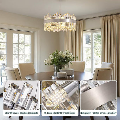 Siljoy 12-Light Modern Crystal Chandeliers Luxury 2-Tiers K9 Crystal Raindrop Chandelier Adjustable Dimmable Crystal Ceiling Light for Dining Room Living Room Bedroom Kitchen D19.7''