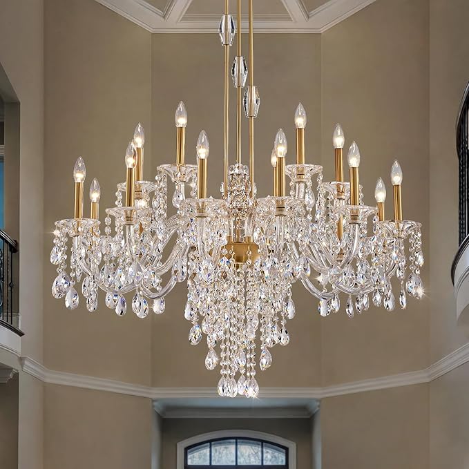 18-Light Crystal Candle Chandelier, Brass Gold Chandelier for Foyer, Staircase & High Ceiling Living Room, Adjustable Height, E12 Base