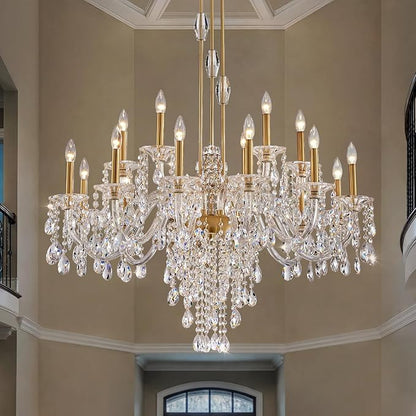 18-Light Crystal Candle Chandelier, Brass Gold Chandelier for Foyer, Staircase & High Ceiling Living Room, Adjustable Height, E12 Base