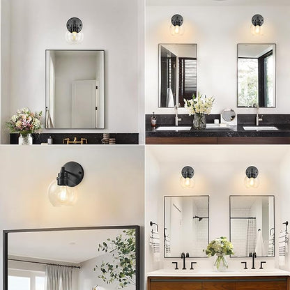 Black Bathroom Vanity Lights, 1-Light Wall Sconce with Glass Globe Shade, Vanity Lighting for Bathroom/Bedroom/Dressing Room, Vertical/Horizontal Mounted, E26 Bulb Base (Bulb Not Included)