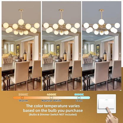 Longree 12-Light Gold and White Sputnik Chandeliers with Blossom Accent Opal Glass Bubble Pendant Light Fixture Mid Century Milk Glass Starburst Lighting for Dining Hallway Living