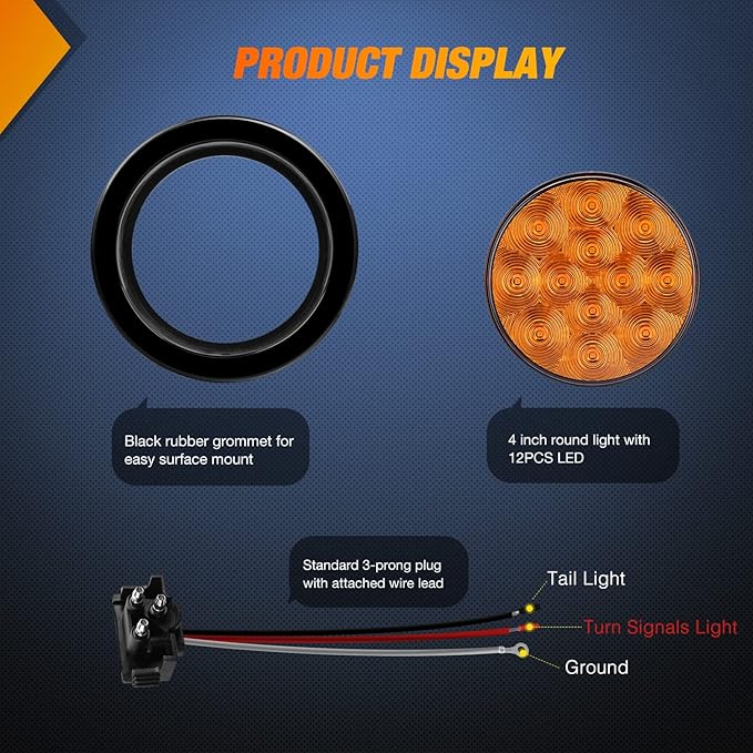 Nilight 2PCS 4 Inch 12LED Round Amber Turn Signal Tail Light w/Surface Mount Grommet Plugs IP67 Trailer Lights for RV Truck Trailers