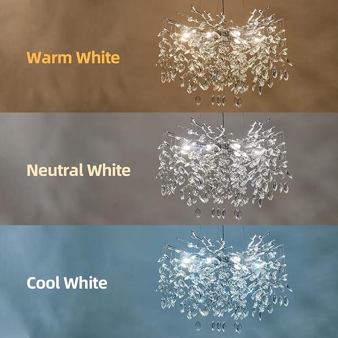 Modern Tree Branch Crystal Chandelier 23.6" Sliver Luxury Large Pendant Lighting 8-Light Contemporary K9 Crystal Chandeliers for Dining Room Kitchen Living Room Foyer Entryway (Sliver, D23.6"-Round)