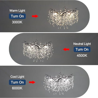 Modern Crystal Tree Branches Chandelier, 23.5in Black 8 Lights Large Ceiling Hanging Light for Dining Room, Round Raindrop Pendant Light Fixture