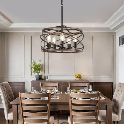 19.7'' Farmhouse Industrial Chandelier for Dining Room, 5-Light Rustic Black and Brown Metal Wood Texture Drum Chandeliers Hanging Light Fixture for Entryway Kitchen Foyer Bedroom Living Room